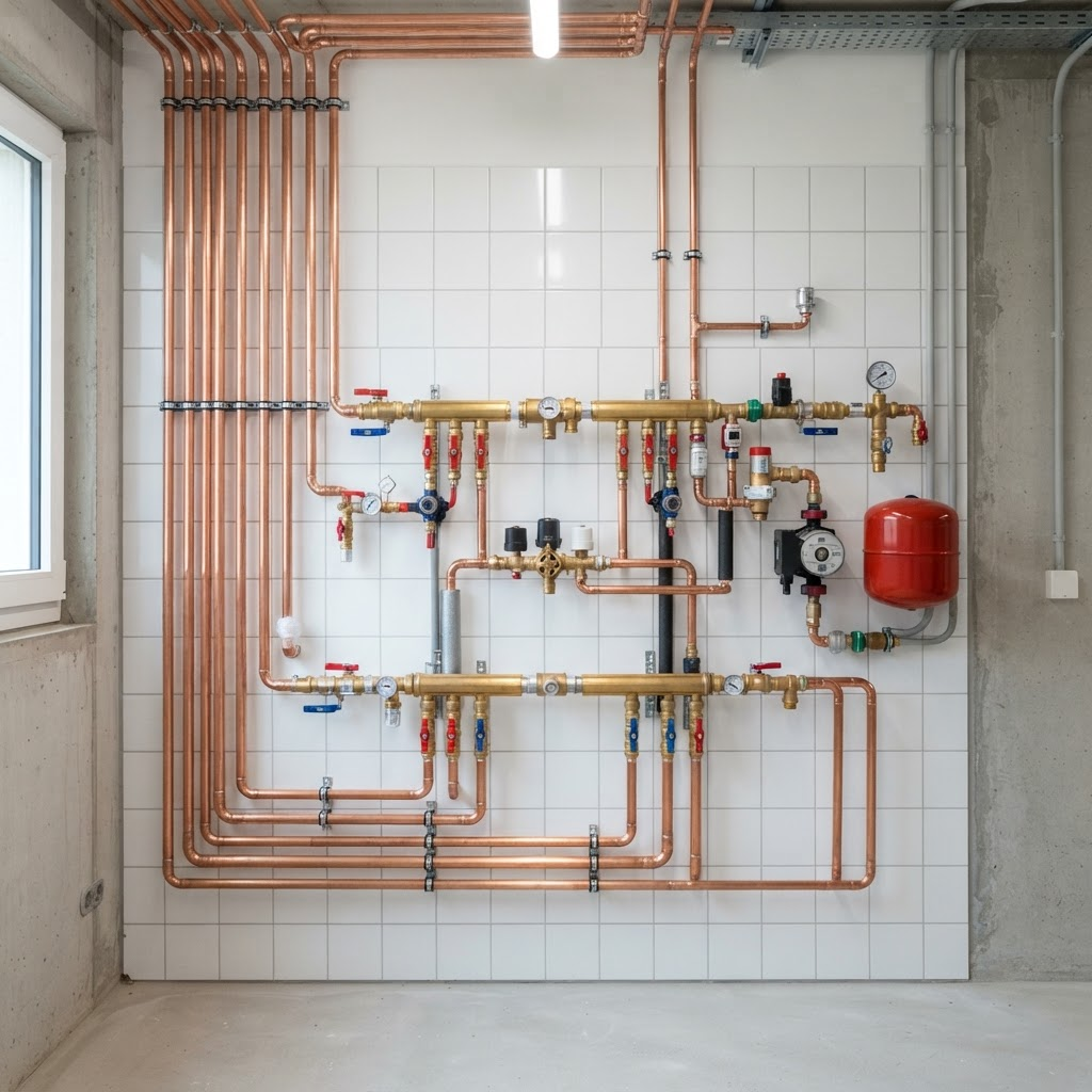 Neatly installed hydronic heating pipework and manifolds in a plant room