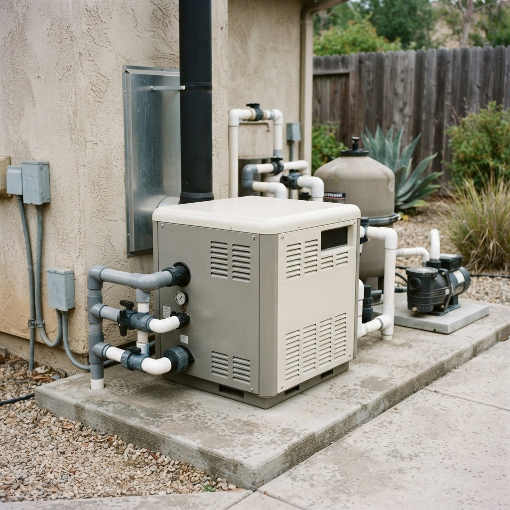 Raypak gas pool heater unit installed outdoors on a concrete pad